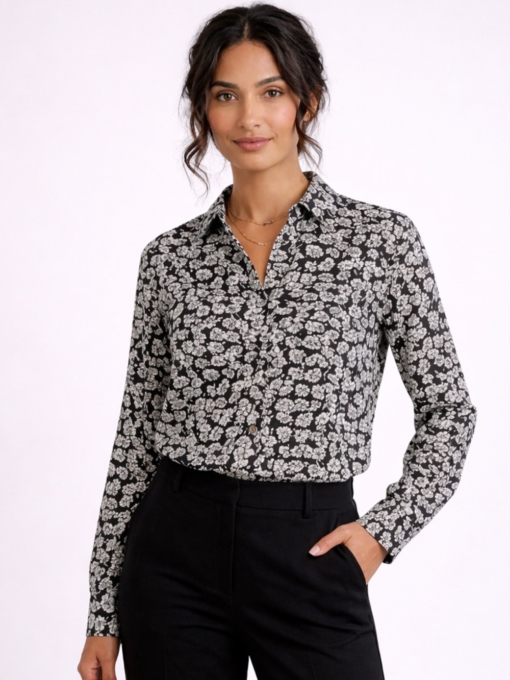 Jones New York Signature Black White Floral Button Front Blouse Size L Cotton